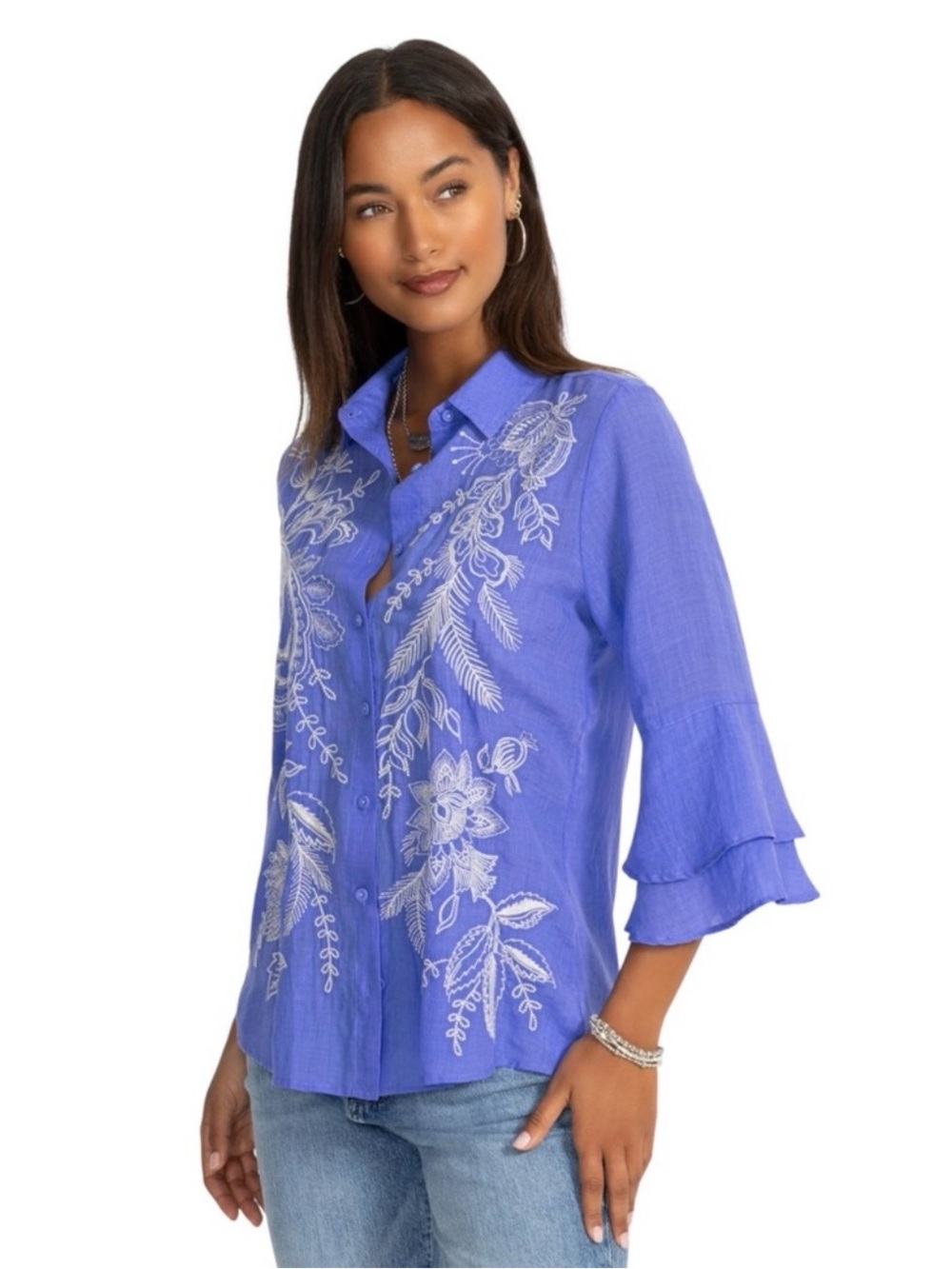 Johnny Was 3/4 Flounce Sleeve Embroidered Ramie Blouse Roberta Baja Blue XL NWT - Picture 4 of 16